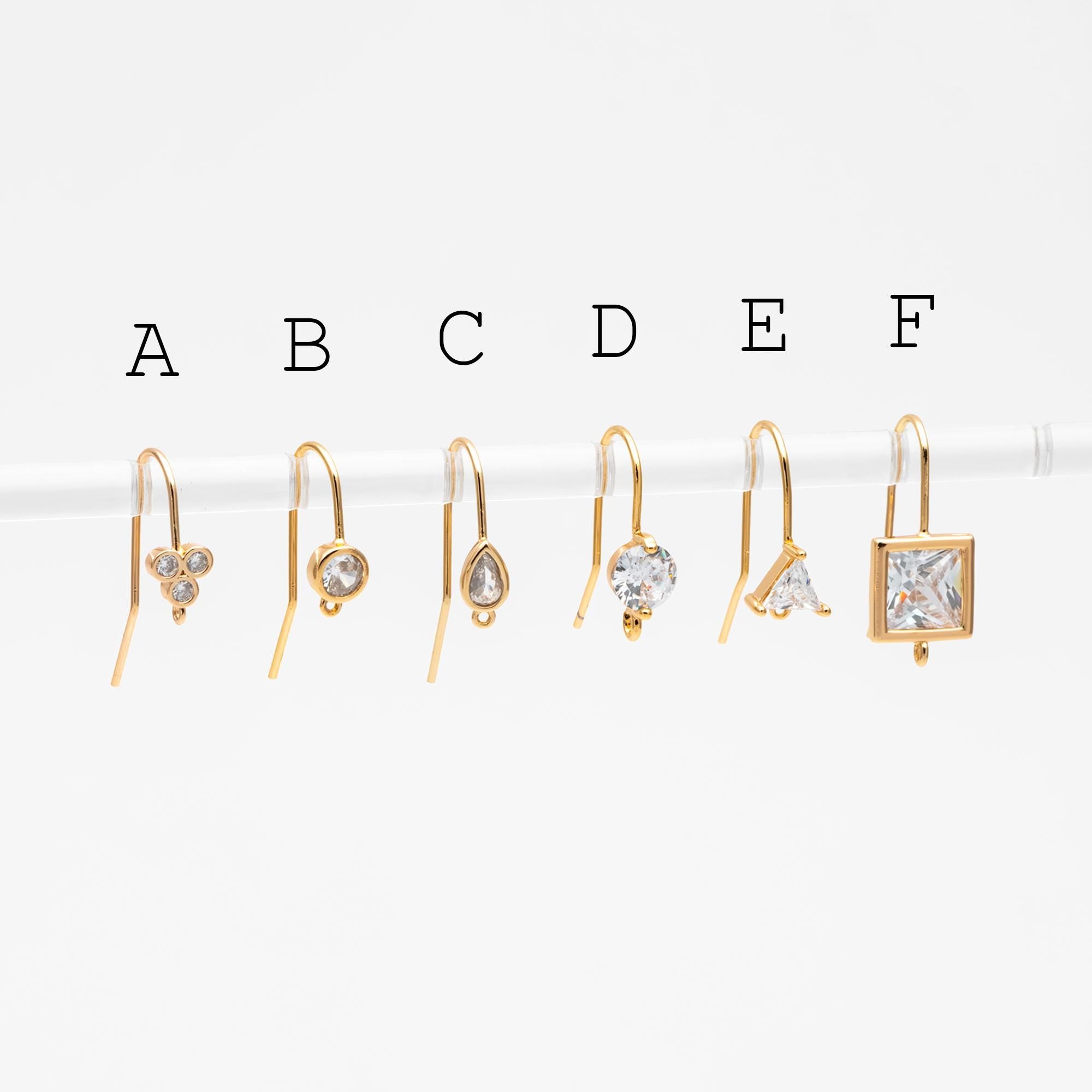 10pcs CZ Pave Earring Hooks with Loop, 18K Real Gold Plated Brass, Geometric Earwires (GB-1125)